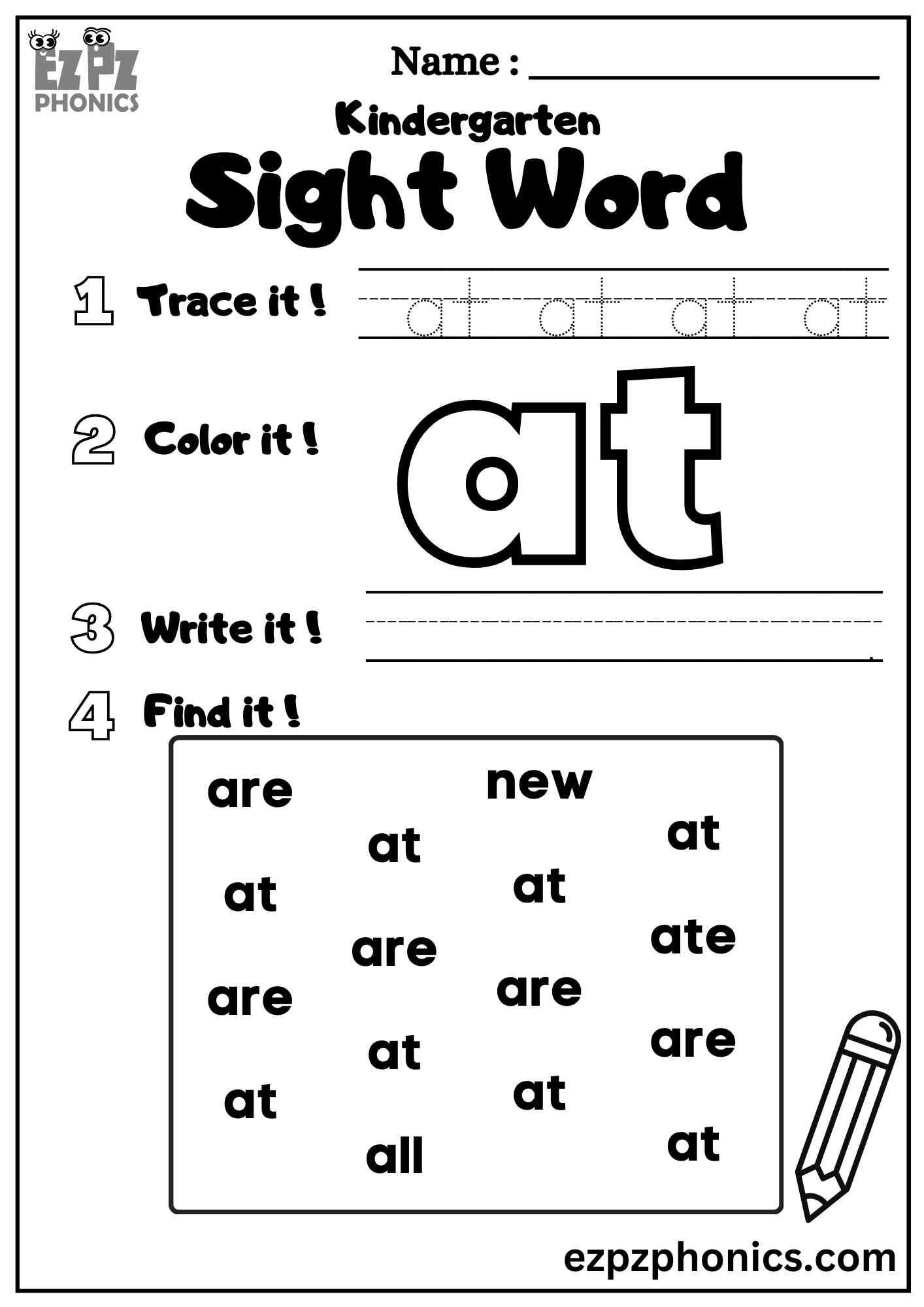 "At" Dolch Kindergarten Sight Word Trace, Color and Write Worksheet